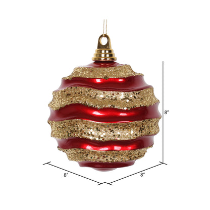 Vickerman 8' Red and Gold Stripe Candy Finish Wave Ball Christmas Ornament with Glitter Accents