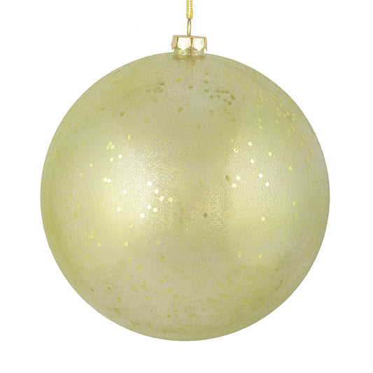 Vickerman 4" Celadon Glitter Clear Ball. This ornament features a clear complexion with a dusting of celadon glitter inside. Add a touch of glam to any holiday arrangement with this delicate looking ornament. Made with shatterproof plastic. Includes 6 pie