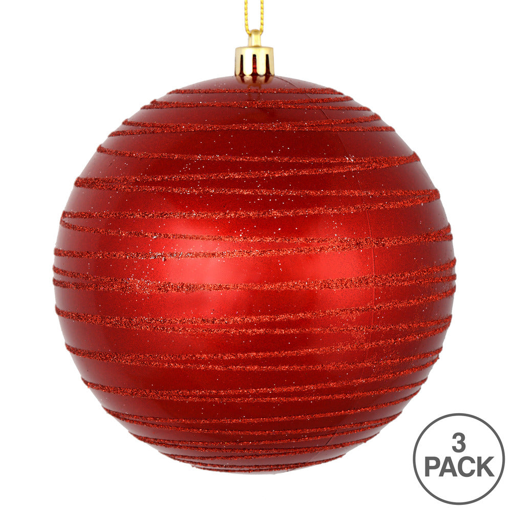 Vickerman 6" Red Candy Finish Ball Ornament with Glitter Lines 3 per Bag