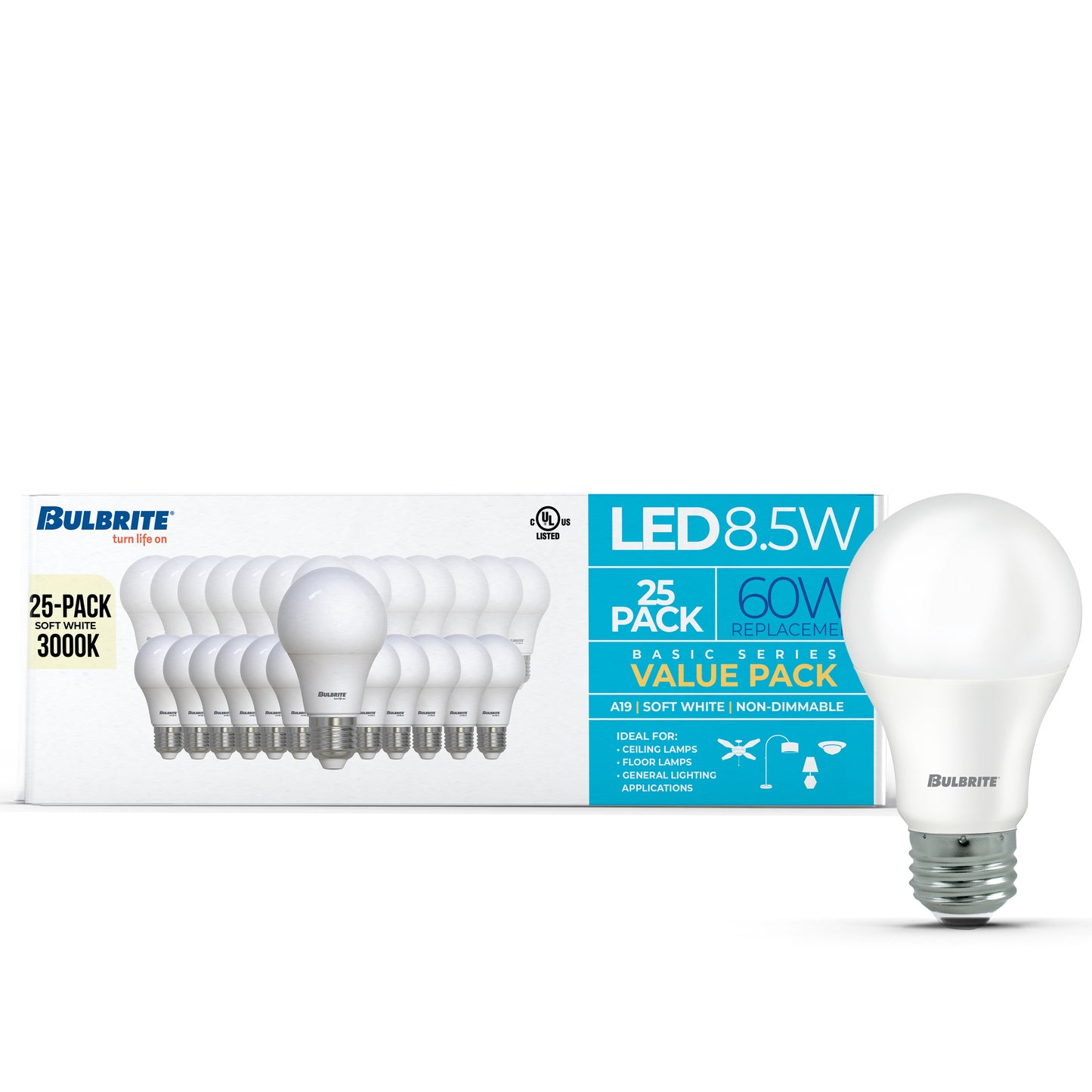 Bulbrite 774252 LED Filament Pack of 25, 8.5 Watt Non-Dimmable A19 Light Bulb with Frost Finish and Medium Screw E26 Base - 3000K(Soft White Light), 750 lumens