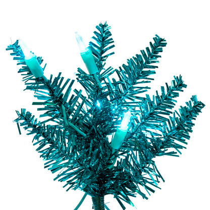 Vickerman 8.5' x 38" Aqua Tinsel Pencil Artificial Pre-Lit Christmas Tree with 600 Dura-Lit® Aqua LED Mini Lights. It measures 102 inches tall, and 28 inches wide, which is considered a Pencil profile. This tree boasts 1363 tips for a realistic look. Pre-