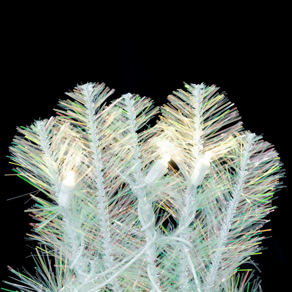 Vickerman 48" White Iridescent Artificial Pre-Lit Wreath with 200 Pure White LED 5MM Lights. It measures 48 inches wide. The diameter is measured from the end of one tip across to the other with the wreath tips extended outward. This wreath boasts 400 PVC