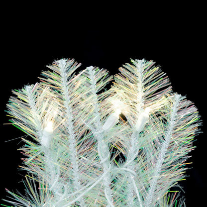 Vickerman 48" White Iridescent Artificial Pre-Lit Wreath with 200 Pure White LED 5MM Lights. It measures 48 inches wide. The diameter is measured from the end of one tip across to the other with the wreath tips extended outward. This wreath boasts 400 PVC