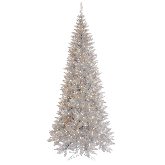 Vickerman 10' Silver Tinsel Fir Slim Artificial Christmas Tree Warm White Dura-lit LED Lights