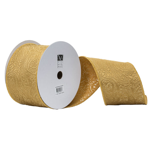 Vickerman 4" x 10 yard Gold Woven Paisley Christmas Ribbon