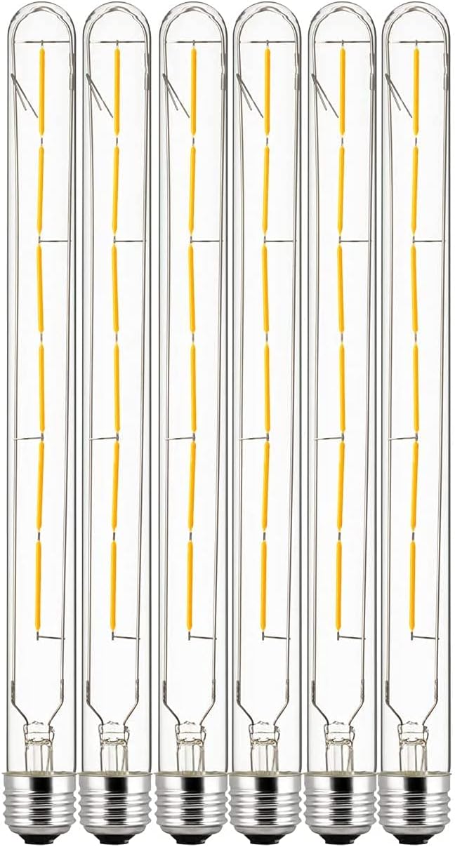 Sunlite LED Filament T8 Tubular Light Bulb, 5 Watts (40W Equivalent), 450 Lumens, Medium E26 Base, 120 Volts, Title-20 Compliant, Dimmable, 90 CRI, ETL Listed, 2700K Soft White, 6 Pack