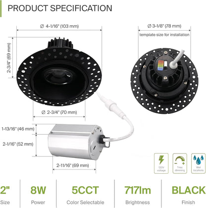 ASD Lighting LED Trimless Downlight Gimbal Round 2inch 8W 120V Triac 2700/3000/3500/4000/5000K Black ETL
