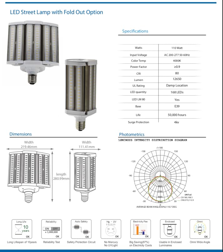Damar- LED Parking Lot Street Lamp Fold Out to Burn 110W 12650 Lumens 4000K Cool White E39 Mogul Base 100-277V UL Listed Pack of 8- Commercial Security Flood Lights for Barn Yard Stadium Roadway