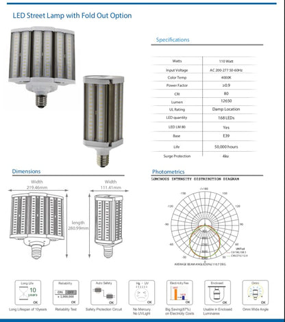 Damar- LED Parking Lot Street Lamp Fold Out to Burn 110W 12650 Lumens 4000K Cool White E39 Mogul Base 100-277V UL Listed Pack of 8- Commercial Security Flood Lights for Barn Yard Stadium Roadway