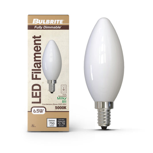 Bulbrite 862080 LED Filament Pack of (4) 6.5 Watt Dimmable B11 Light Bulb with Milky Glass Finish and Candelabra (E12) Base - 5000K (Soft Daylight Light), 750 Lumens