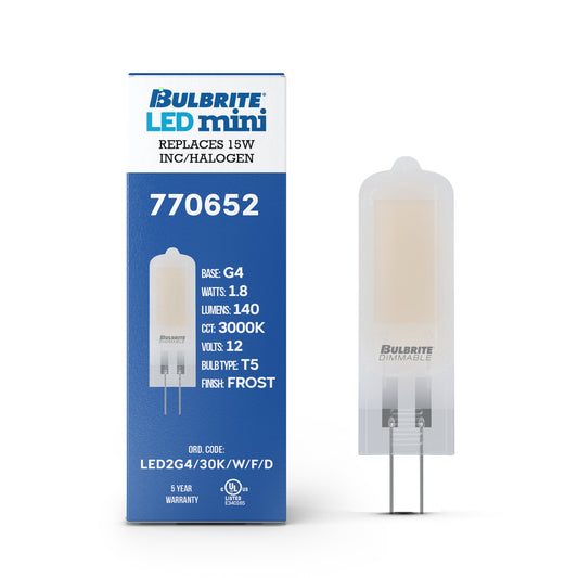 Bulbrite 862040 LED Filament Pack of (4) 1.8 Watt Dimmable T5 Light Bulb with Frost Glass Finish and (G4) Base - 3000K (Soft White Light), 140 Lumens