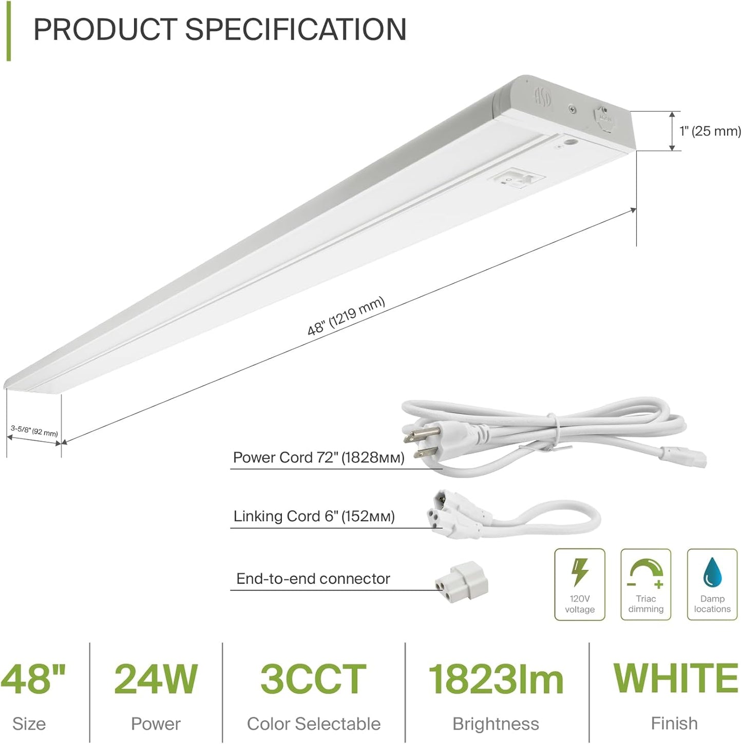 ASD Lighting LED Under Cabinet Swivel 48" 24W 120V Dimmable CCT Selectable 2700/3000/4000K Hardwired or Plug-in, Linkable, Hi/Low Switch, White UL