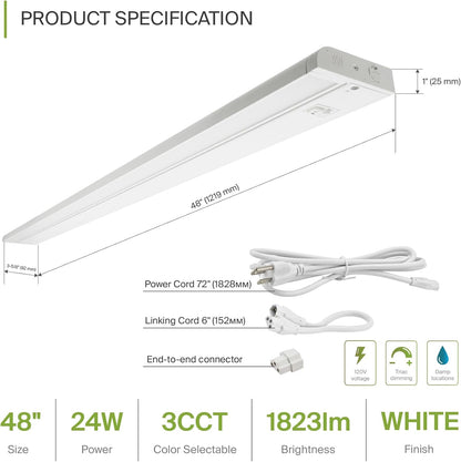 ASD Lighting LED Under Cabinet Swivel 48" 24W 120V Dimmable CCT Selectable 2700/3000/4000K Hardwired or Plug-in, Linkable, Hi/Low Switch, White UL