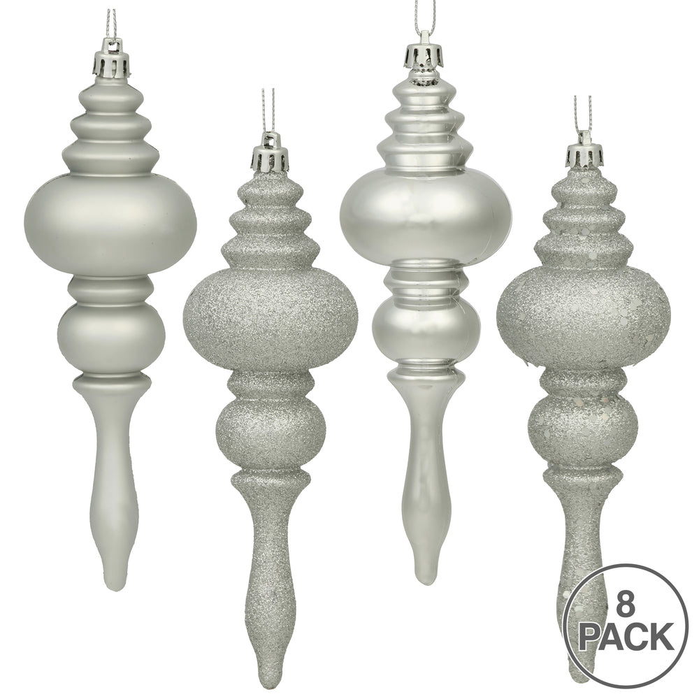 Vickerman 7" Silver 4-Finish Finial Ornament 8 per Box