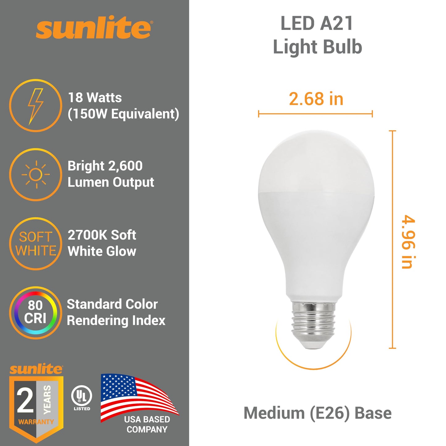 Sunlite 80995 LED A21 Light Bulb, 18 Watts (150W Equivalent), 2600 Lumens, 120V, Dimmable, Medium E26 Base, 220 Degree Beam Angle, UL Listed, RoHS Compliant, 2700K Soft White, 6 Pack