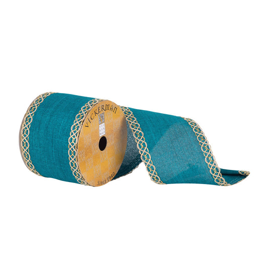 Vickerman 3.75" x 10 yard Turquoise Dupion with Gold Swirl Edge Christmas Ribbon