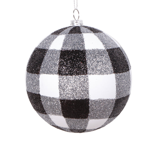 Vickerman 4" White Black Plaid Glitter Ball Ornament 3 per bag.