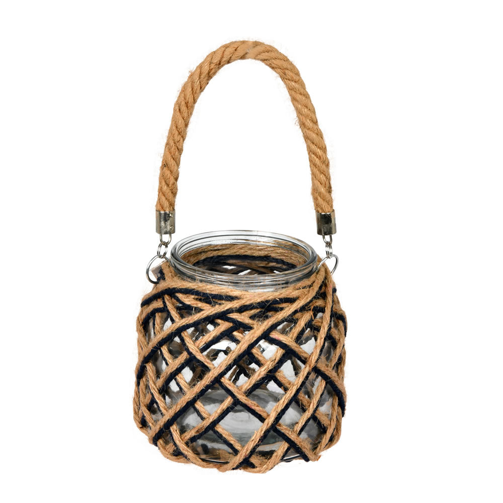 Vickerman 7" Glass Jar in Woven Jute Handle. This glass jar is wrapped in natural tone and black jute in a diamond pattern. It features a jute handle for easy hanging. It measures 7" H x 6" W.   70% GLASS 30% JUTE