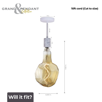 Bulbrite LED Grand Bulb and Pendant Kit of (1) 4 Watt Antique Glass 12" Jewel Shaped Bulb and (1) White Marble Open Socket Pendant on White Fabric Braided Cord - 2000K (Amber Light)