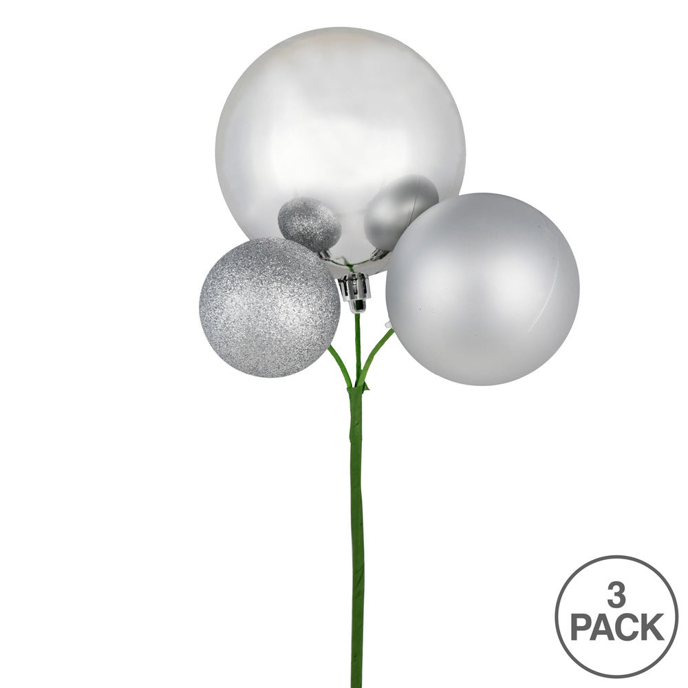 Vickerman 18" Silver Ball Ornament Christmas Pick Set of 3