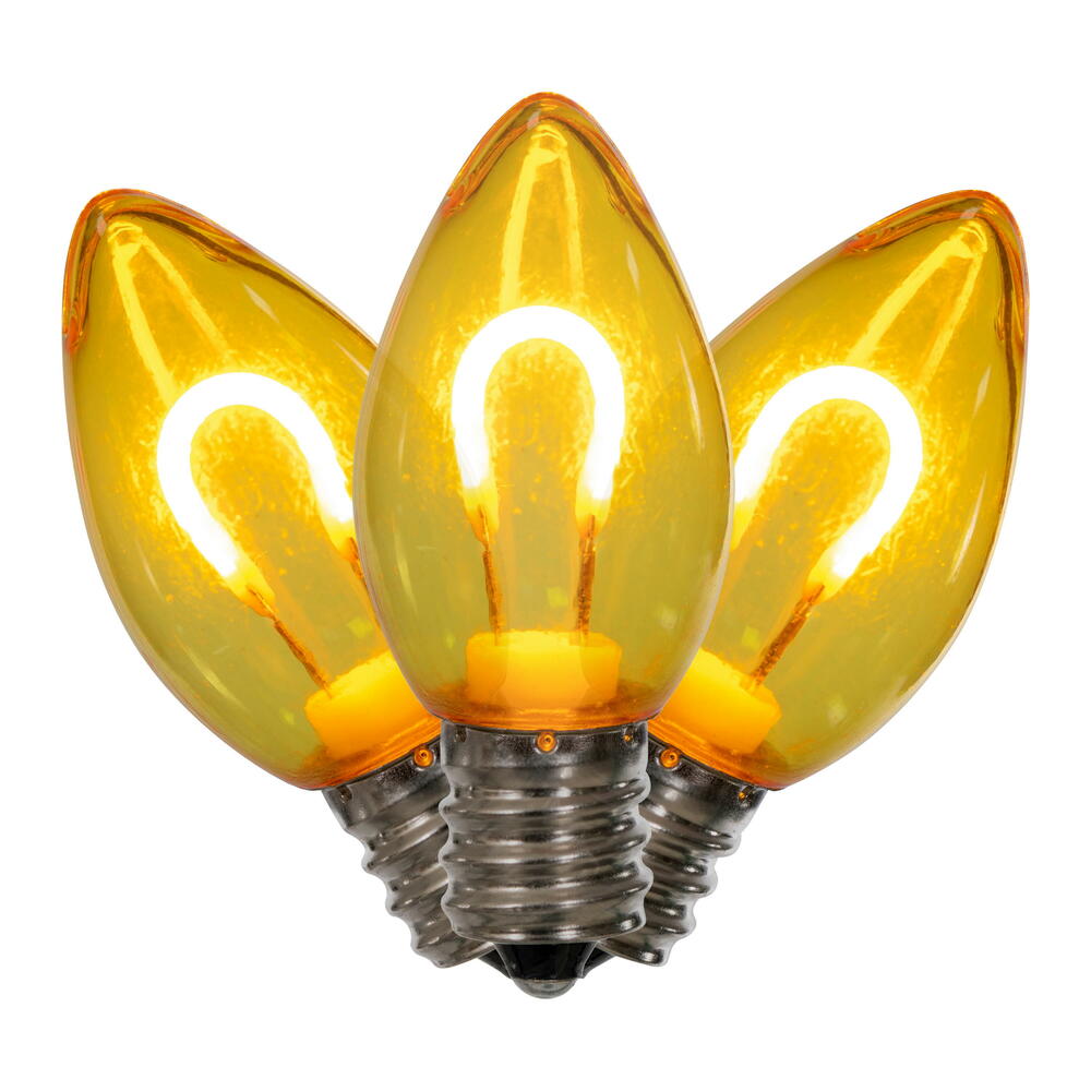 Vickerman C7 Transparent U-Shaped Filament Yellow Bulb, E12 Base, .6 Watts, 25 Pcs Assorted/Bag.  Colors included are Blue, Red, Green, Purple and Amber.