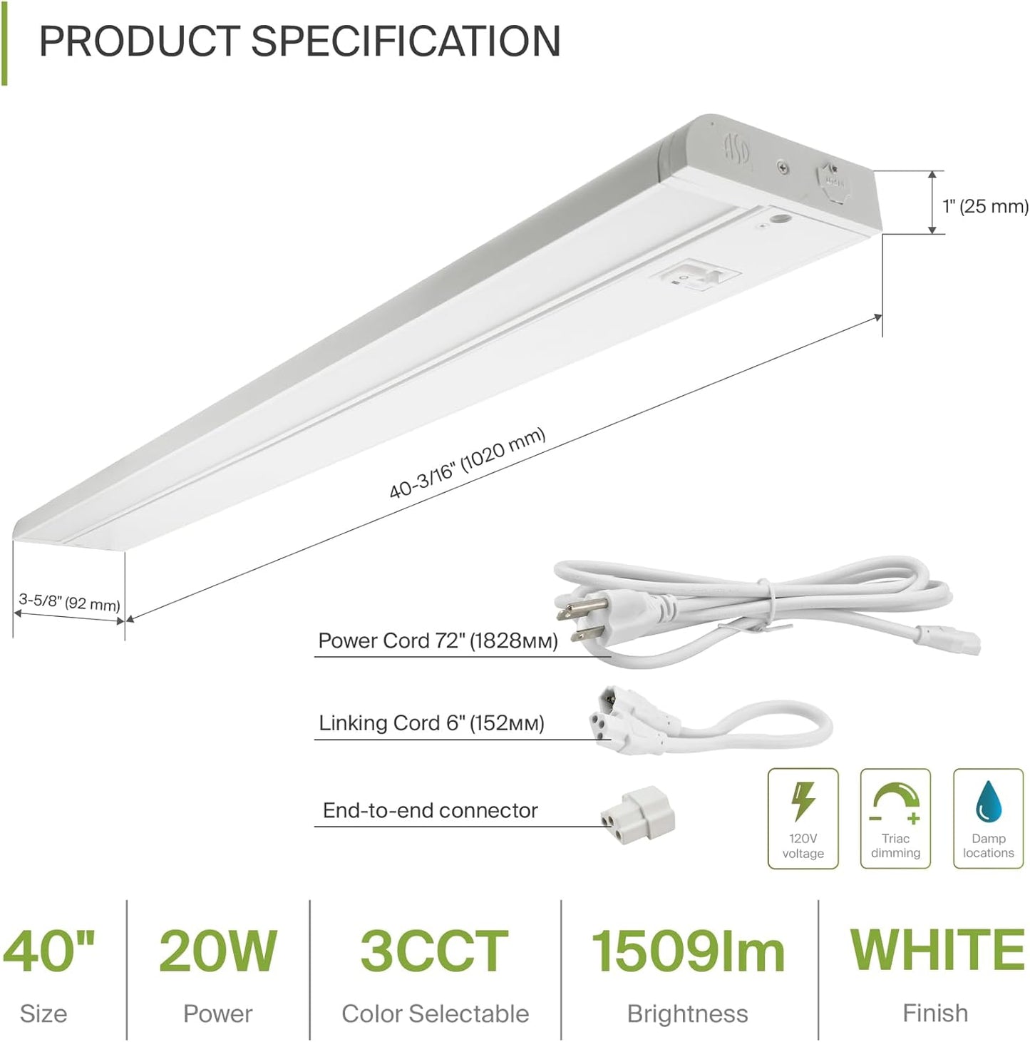 ASD Lighting LED Under Cabinet Swivel 40" 20W 120V Dimmable CCT Selectable 2700/3000/4000K Hardwired or Plug-in, Linkable, Hi/Low Switch, White UL