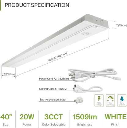 ASD Lighting LED Under Cabinet Swivel 40" 20W 120V Dimmable CCT Selectable 2700/3000/4000K Hardwired or Plug-in, Linkable, Hi/Low Switch, White UL