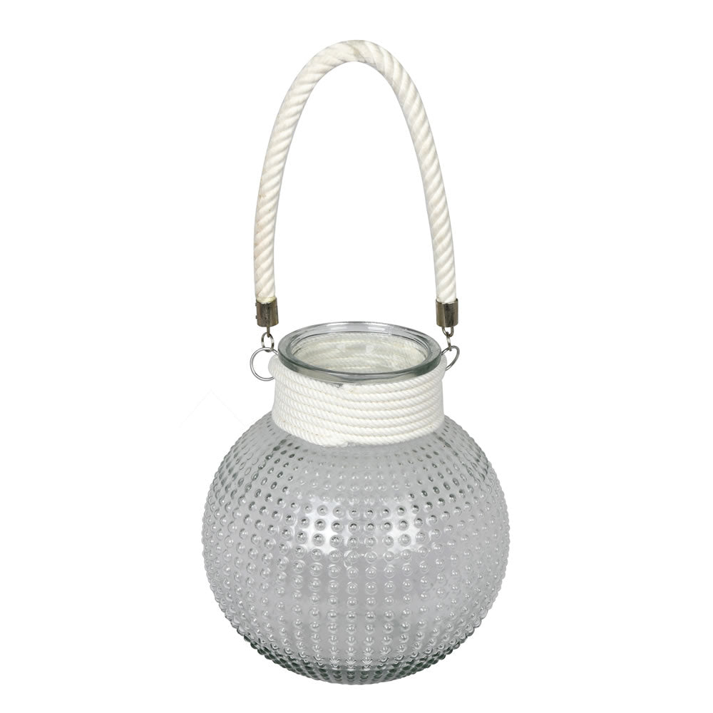 Vickerman 10" Glass Jar with White Rope Handle. This clean and modern design features a round glass jar with a white rope handle and wrapped top. It measures 10" H x 9" W.   80%GLASS 20% NYLON ROPE