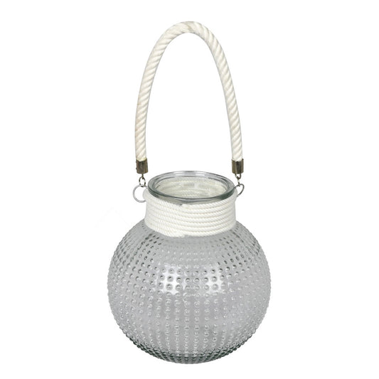 Vickerman 10" Glass Jar with White Rope Handle. This clean and modern design features a round glass jar with a white rope handle and wrapped top. It measures 10" H x 9" W.   80%GLASS 20% NYLON ROPE