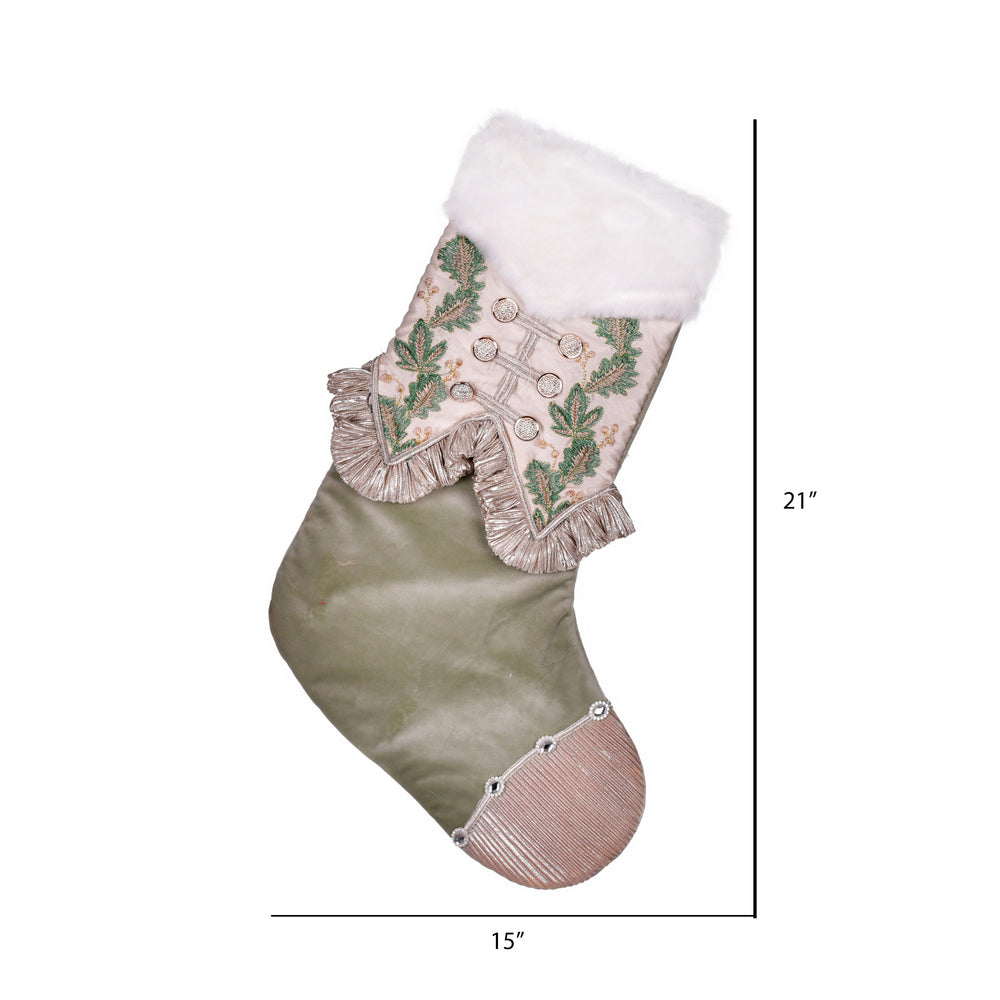 Vickerman 21" Green Holly Leaf Velvet Christmas Stocking