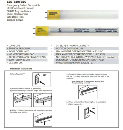 Damar- 4Ft T8 LED Fluorescent Retrofit Tube Light Bulb Direct Replacement Emergency Ballast Compatible 17W 2200 Lumen 6500K Daylight G13 Bi-Pin Base 220? Beam Angle 120-277V Pack of 10- for Garage