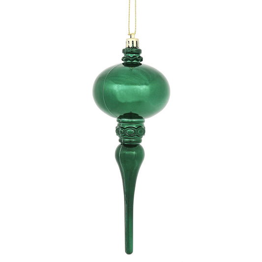 Vickerman 8" x 2.75" Midnight Green Shiny Finial Ornament with drilled and wired caps. Comes 3 per Bag.