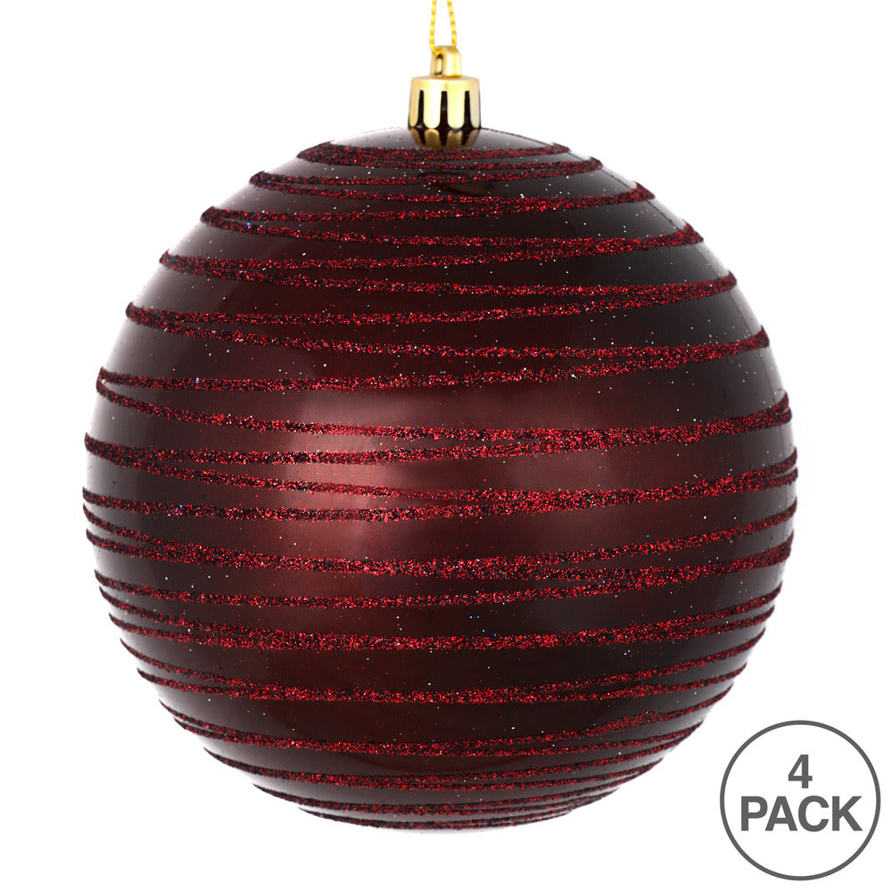 Vickerman 4.75" Burgundy Candy Finish Ball Ornament with Glitter Lines 4 per Bag