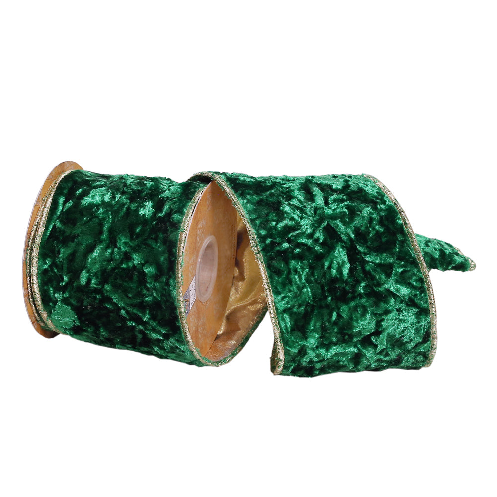 Vickerman 4" x 5 Yards Emerald Crushed Velvet Wired Edge Christmas Ribbon.