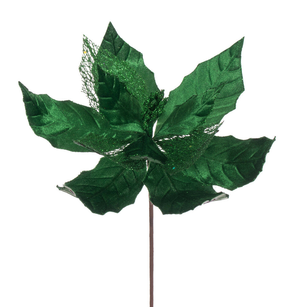 Vickerman 11" Green Velvet and Glitter Mesh Poinsettia Flower on Stem 6 per bag.