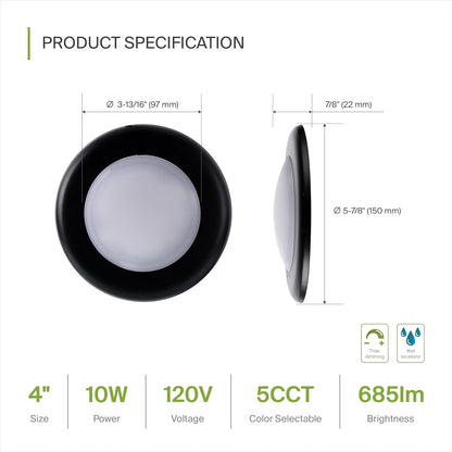 ASD Lighting LED Disk Light 4" 10W 120V CCT Selectable 2700/3000/3500/4000/5000K Dimmable Black UL Energy Star 6pack