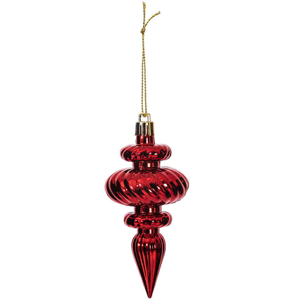 Vickerman 4" Red 4-Finish Finial Ornament 8 per Box. Made of shatterproof plastic.