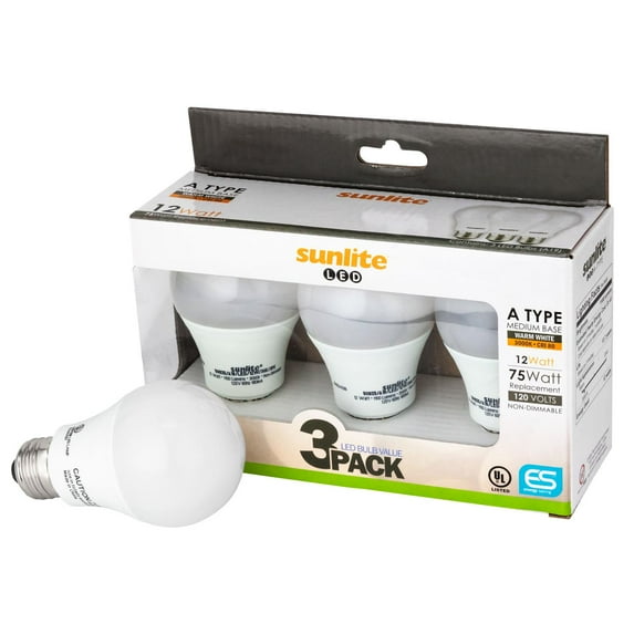Sunlite 80836 A19/LED/12W/50K/3PK LED Household 12W (75W Equivalent) Light Bulbs, Medium (E26) Base, 5000K Cool White, 3 Pack