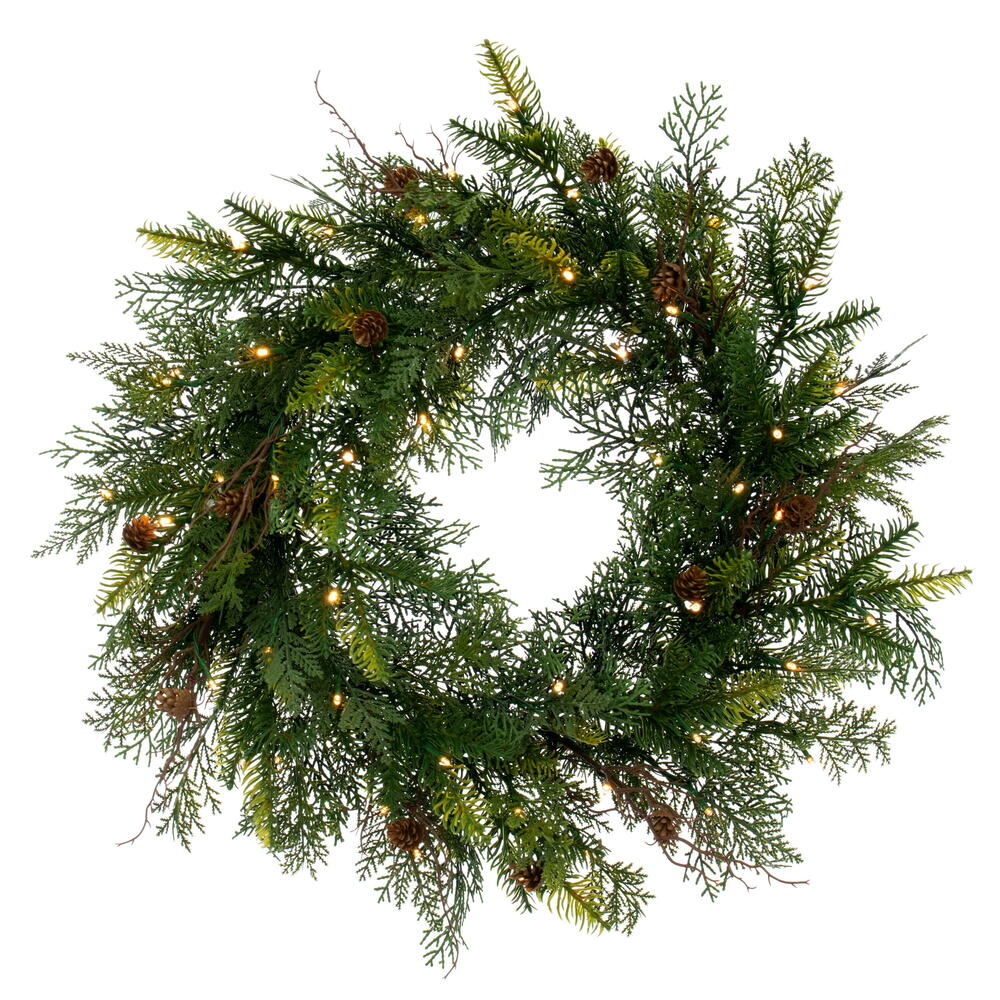 26" Mixed Cedar Pine Wreath B/O 50WW