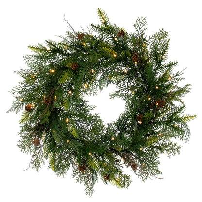 26" Mixed Cedar Pine Wreath B/O 50WW