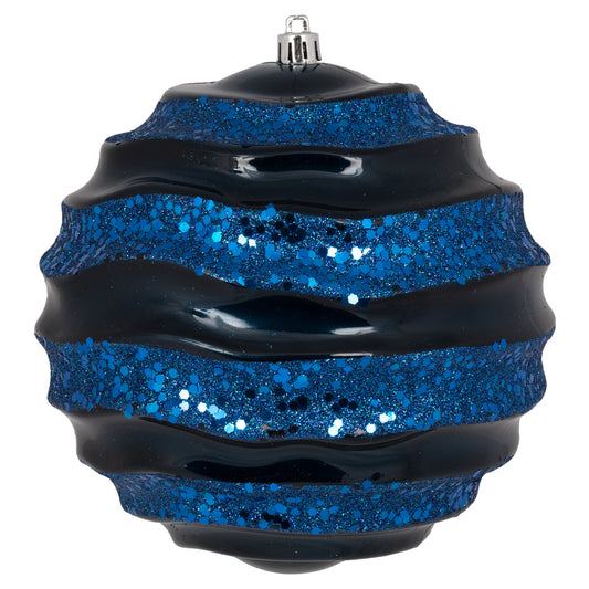 Vickerman 6" Midnight Blue Stripe Candy Finish Wave Ball Christmas Ornament with Glitter Accents