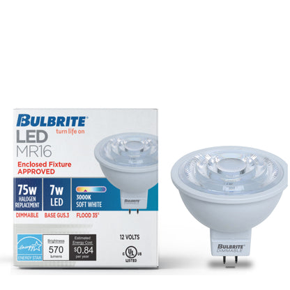 Bulbrite 771088 LED 7 Watt MR16 Light Bulb with a GU5.3 Base - 3000K (Soft White Light) 570 Lumens