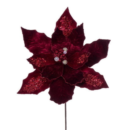 Vickerman 17" Artificial Burgundy Poinsettia Christmas Stem 12" Flower 3 per bag