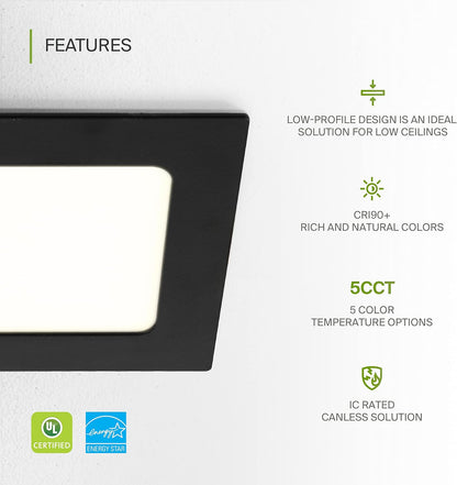 ASD Lighting LED Recessed Mini Panel Square 4inch 12W 120V Triac 2700/3000/3500/4000/5000K Black UL Energy Star 6 pack