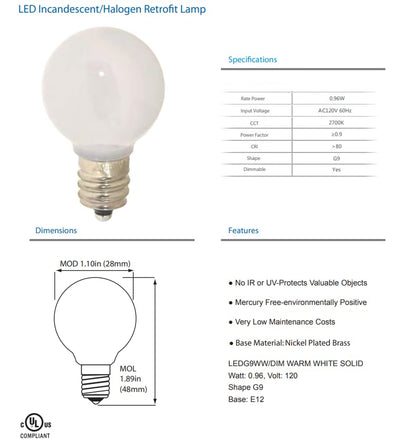 Damar- G9 LED Bulb Solid White Dimmable 0.6W-0.96W E12 Candelabra Base 3000K Soft White 100-130V UL Listed Pack of 6- Small Home Lighting for Chandelier Wall Sconce Pendant Bathroom Vanity
