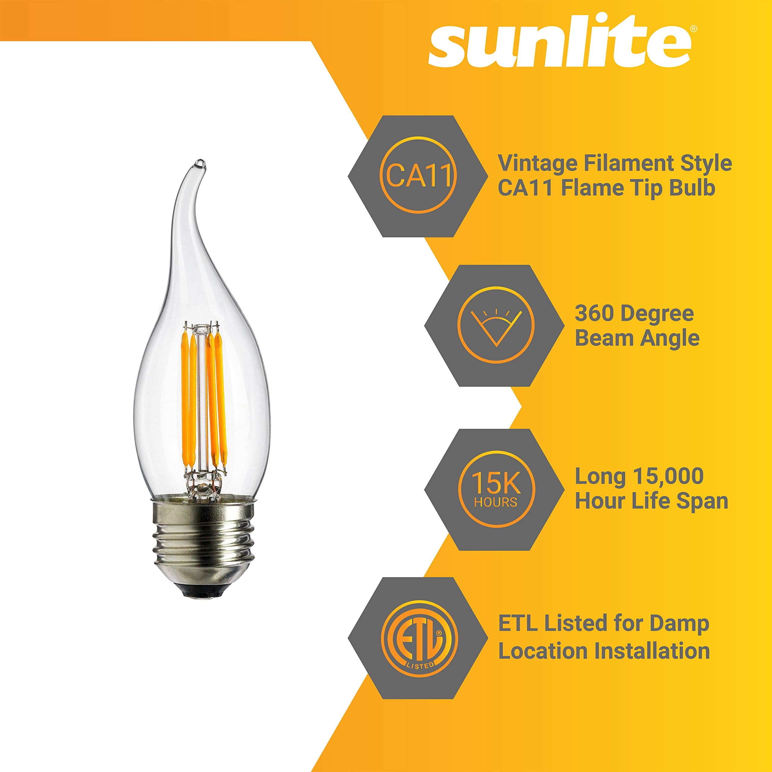 Sunlite LED Filament CA11 Flame Tip Chandelier Light Bulb (6 Pack) - Thumbnail 3