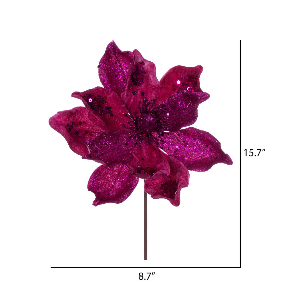 Vickerman 15" Artificial Cerise Deluxe Magnolia Christmas Stem 8" Flower 6 per bag