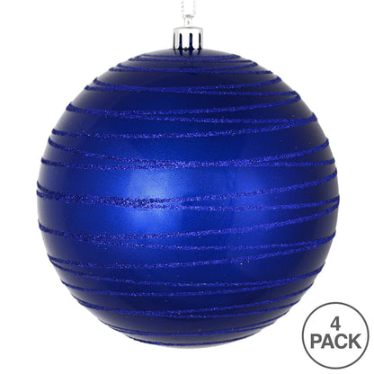 Vickerman 4.75" Cobalt Blue Candy Finish Ball Ornament with Glitter Lines 4 per Bag