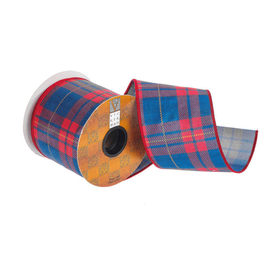 Vickerman 4" x 10 Yards Blue/Red Plaid Wired Edge Christmas Ribbon.