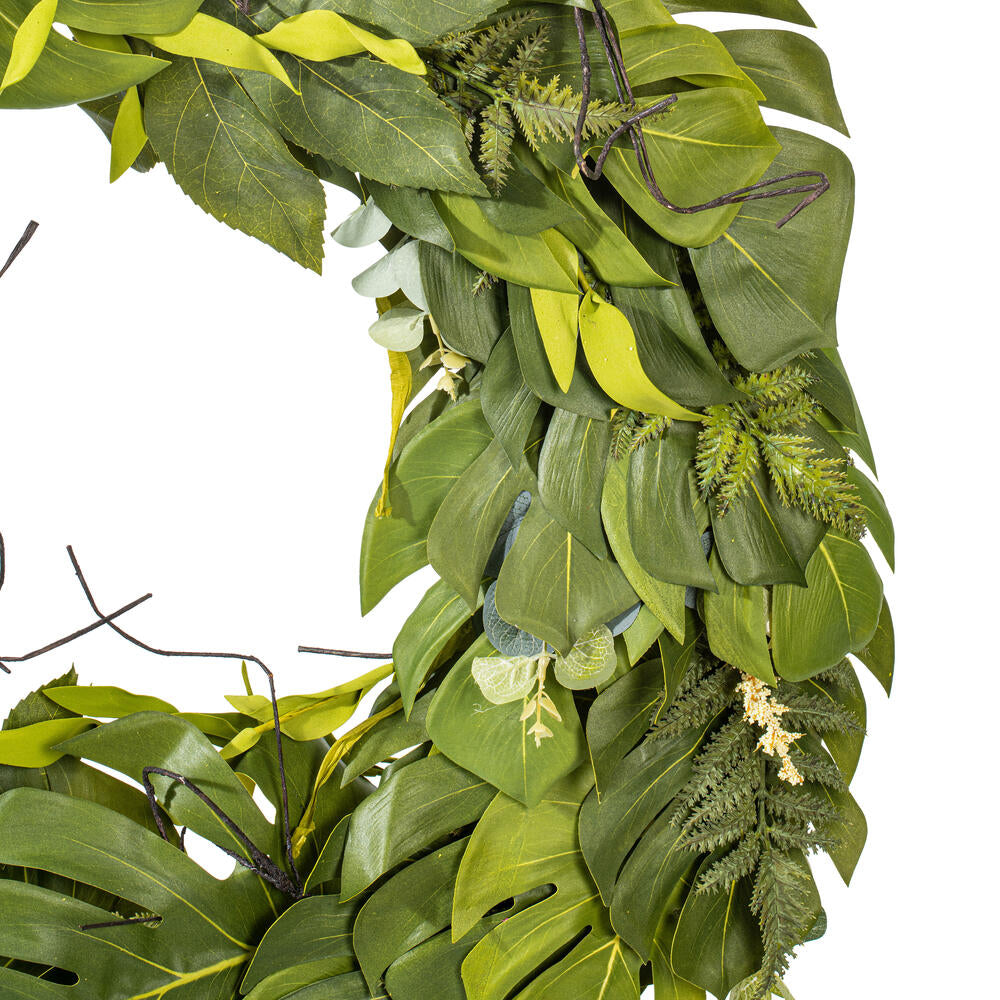 Vickerman 32" Artificial Green Mixed Jungle Foliage Wreath. Combination of leaves.